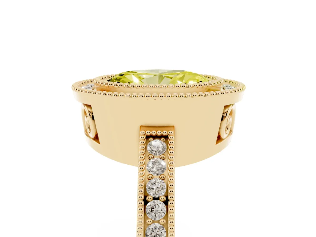 Fancy Yellow Oval Cut Cut Halo Diamond Ring with Pavé Band and Milgrain Prong Setting Yellow gold