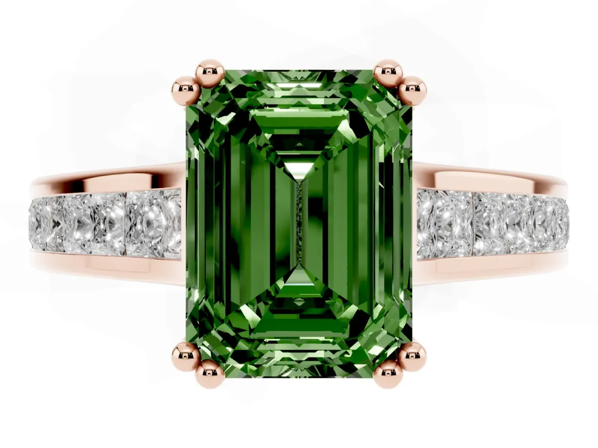Fancy Green Emerald Cut Cut Channel Set Solitaire Engagement Ring with Prong Setting Rose gold