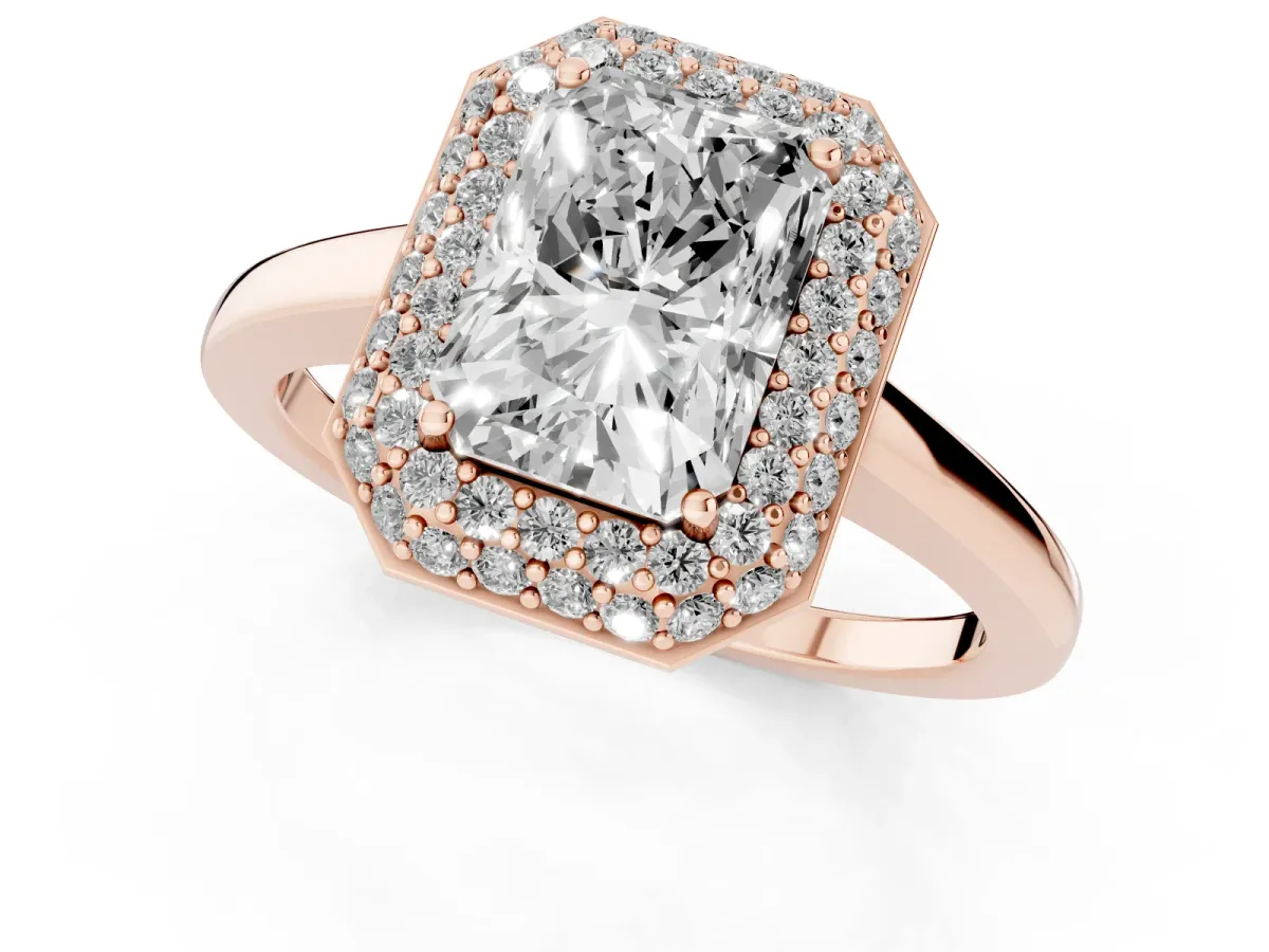 Radiant Cut Halo Diamond Engagement Ring with Solitaire Band and Four-Prong Setting Rose gold