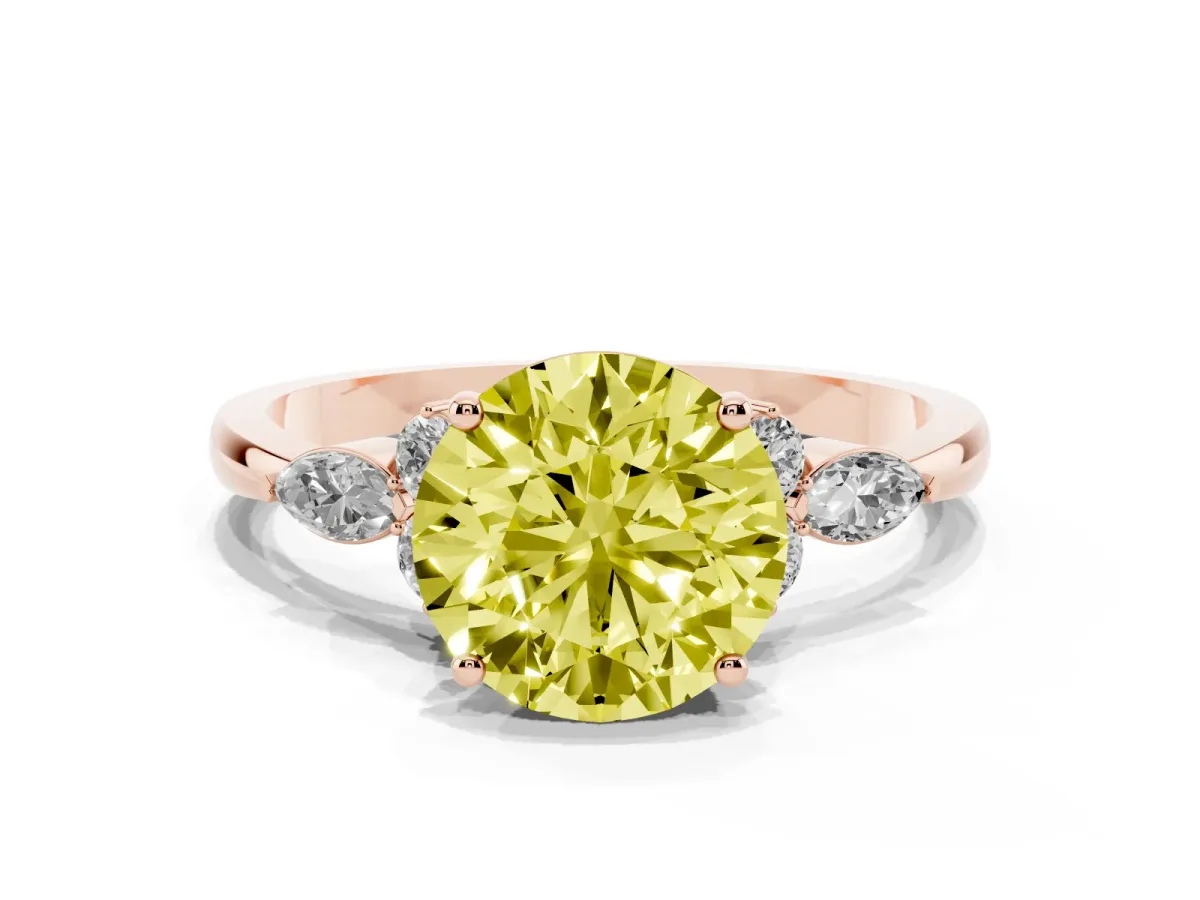 Fancy Yellow Round Cut Brilliant Diamond Solitaire Ring with Pear Side Stones and Four-Prong Setting Rose gold