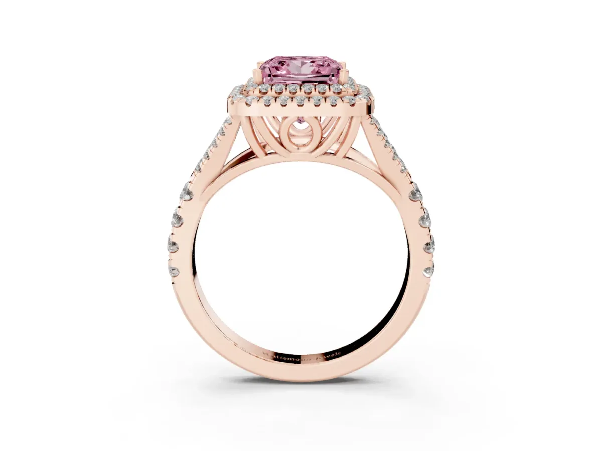 Fancy Pink Princess Cut Diamond Double Halo Ring with Split Shank and Prong Setting Rose gold