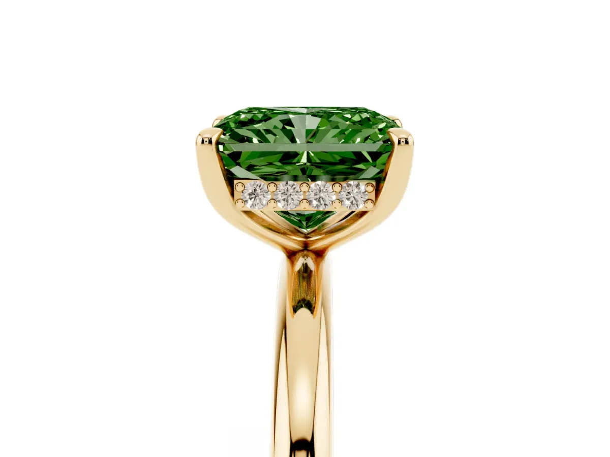 Fancy Green Radiant Cut Diamond Solitaire Ring with Thin Band and Four-Prong Setting Yellow gold
