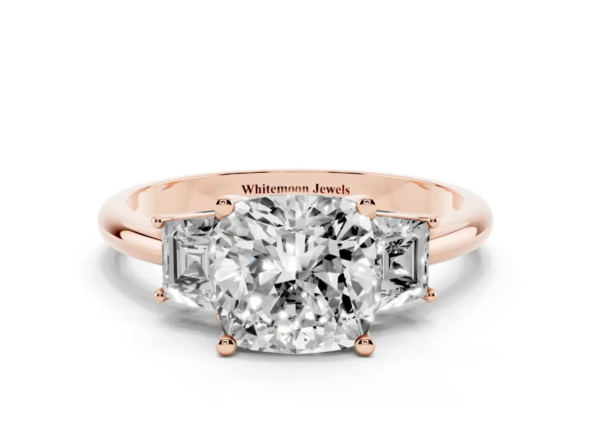 Cushion Cut Diamond Three-Stone Ring with Trapezoid Side Stones and Prong Setting Rose gold