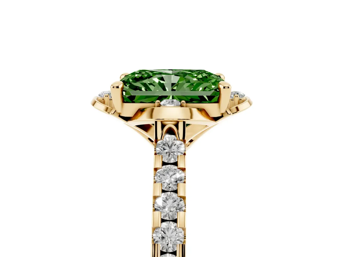 Fancy Green Radiant Cut Diamond Ring with Pavé Band and Floral Prong Setting Yellow gold