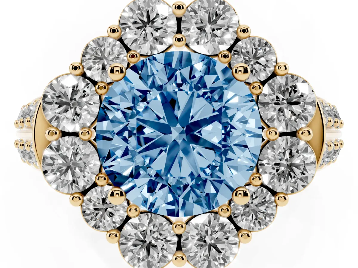Fancy Blue Round Cut Halo Diamond Engagement Ring with Split Shank and Prong Setting Yellow gold