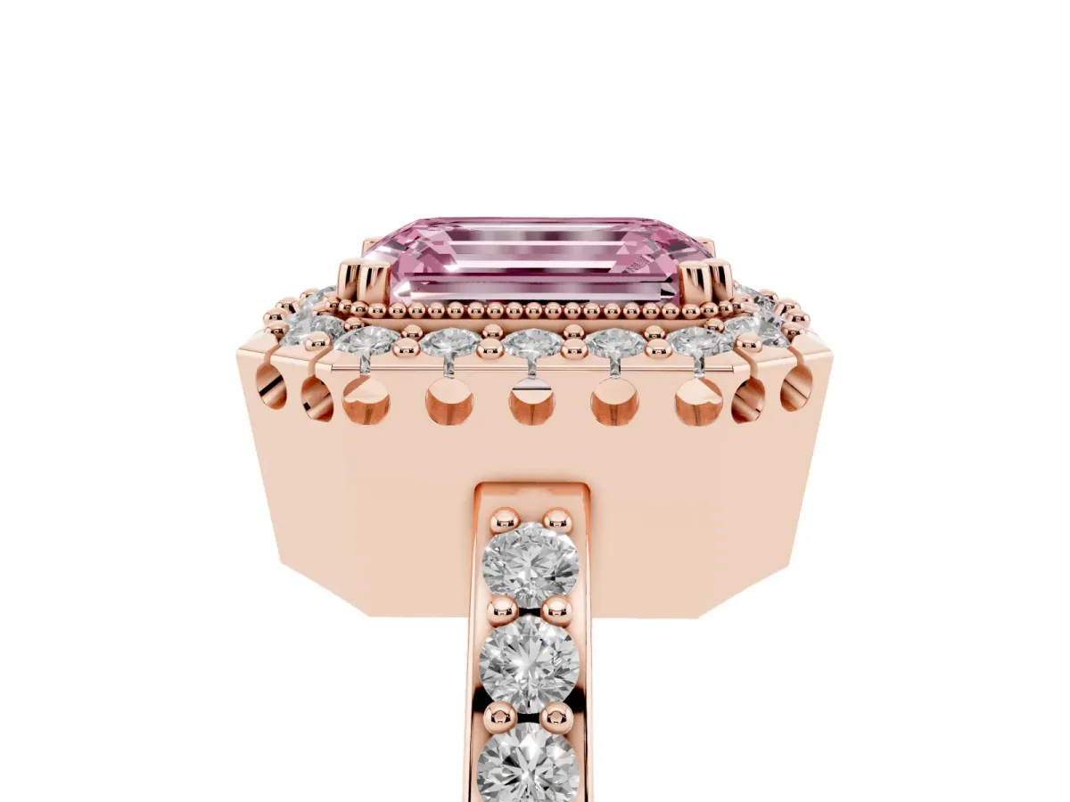 Fancy Pink Emerald Cut Diamond Halo Ring with Pavé Band and Prong Setting Rose gold