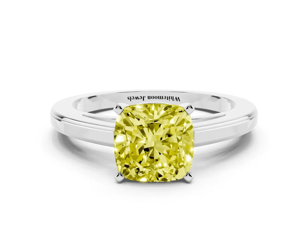 Fancy Yellow Cushion Cut Solitaire Diamond Ring with Four-Prong Setting and Classic Band Silver