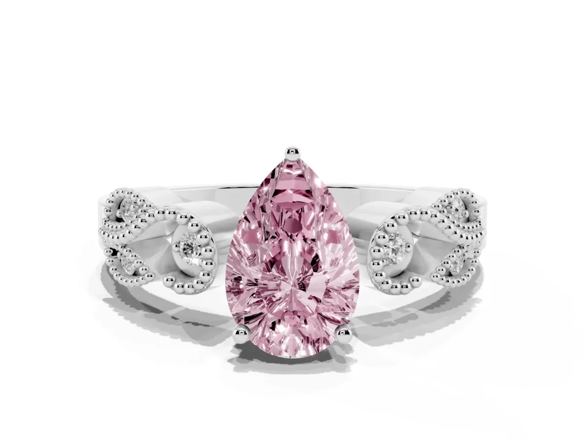 Fancy Pink Pear Cut Solitaire Milgrain Leaf Band with Prong Setting White gold