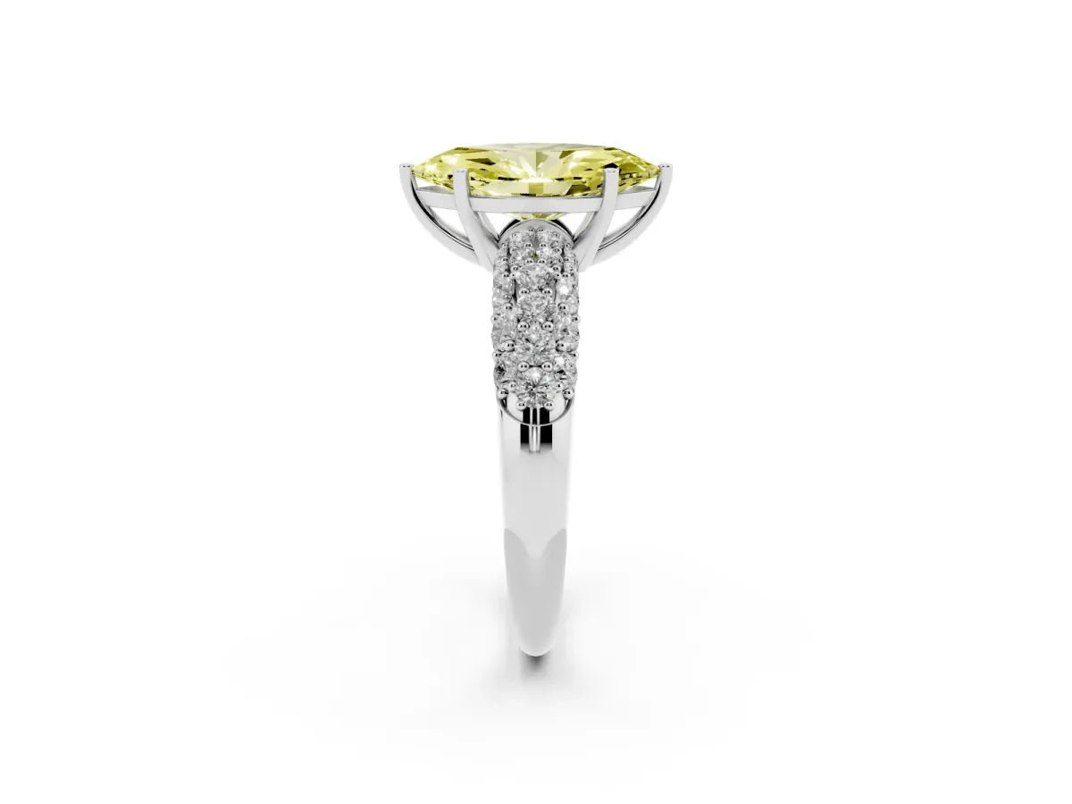 Fancy Yellow Marquise Cut Diamond Pavé Band Solitaire Ring with Four-Prong Setting Silver