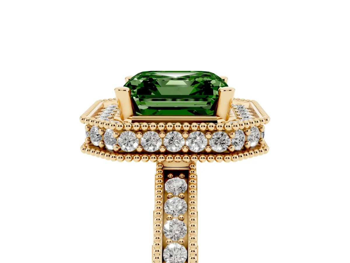 Fancy Green Asscher Cut Diamond Milgrain Halo Engagement Ring with Round Pavé Band and Prong Setting Yellow gold