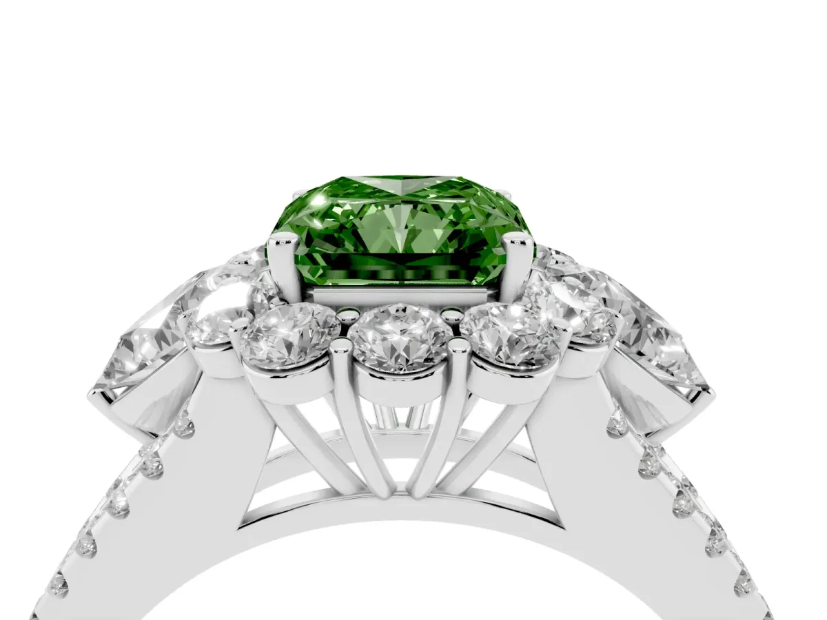 Fancy Green Radiant Cut Halo Split Shank Diamond Engagement Ring with Prong Setting Silver
