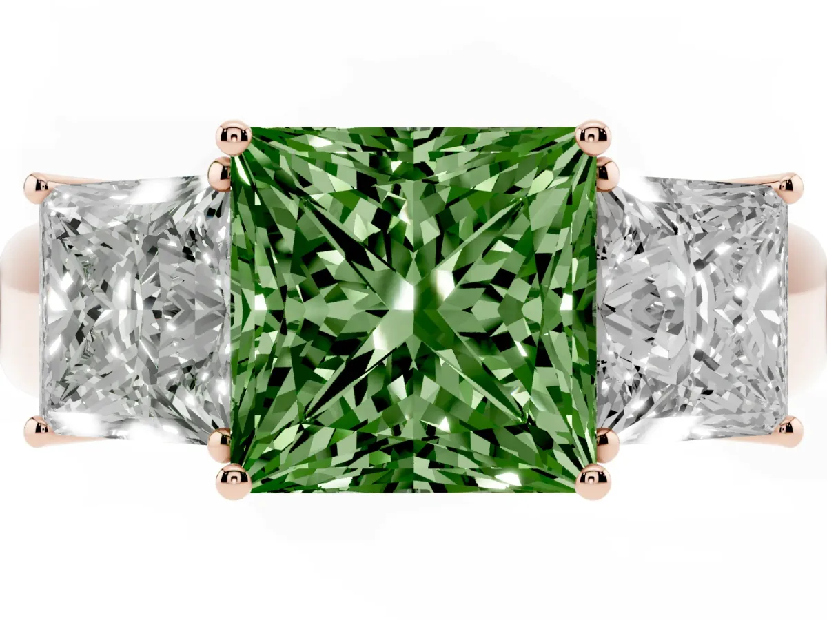 Fancy Green Three-Stone Princess Cut Cut Diamond Ring with Prong Setting and Classic Band Rose gold