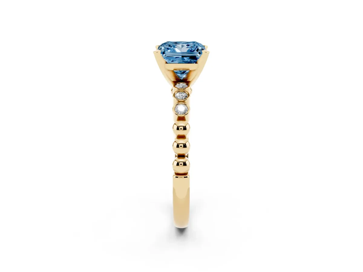 Fancy Blue Princess Cut Solitaire Bezel Accent Diamond Engagement Ring with Beaded Band and Four-Prong Setting Yellow gold