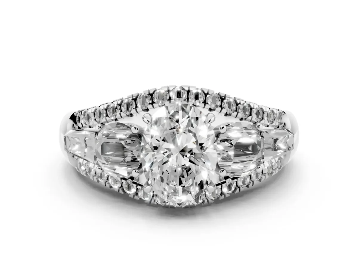 Three-Stone Oval Cut Diamond Engagement Ring with Pave Band and Prong Setting Silver