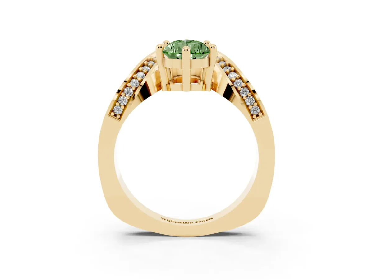 Fancy Green Pear Cut Solitaire Diamond Engagement Ring with Pave Band and Four-Prong Setting Yellow gold