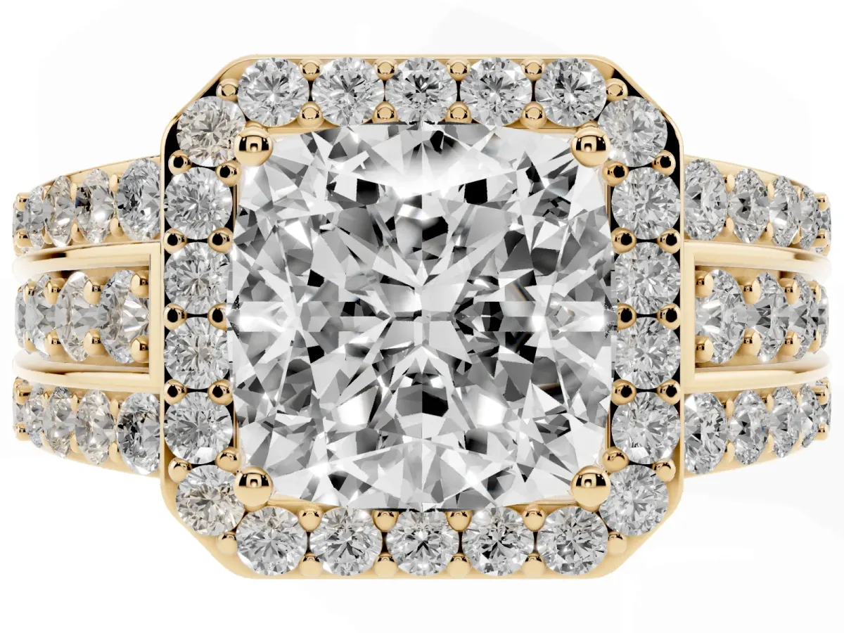 0.5 Carat Cushion Cut Halo Ring with Round Split Shank and Prong Setting Yellow gold