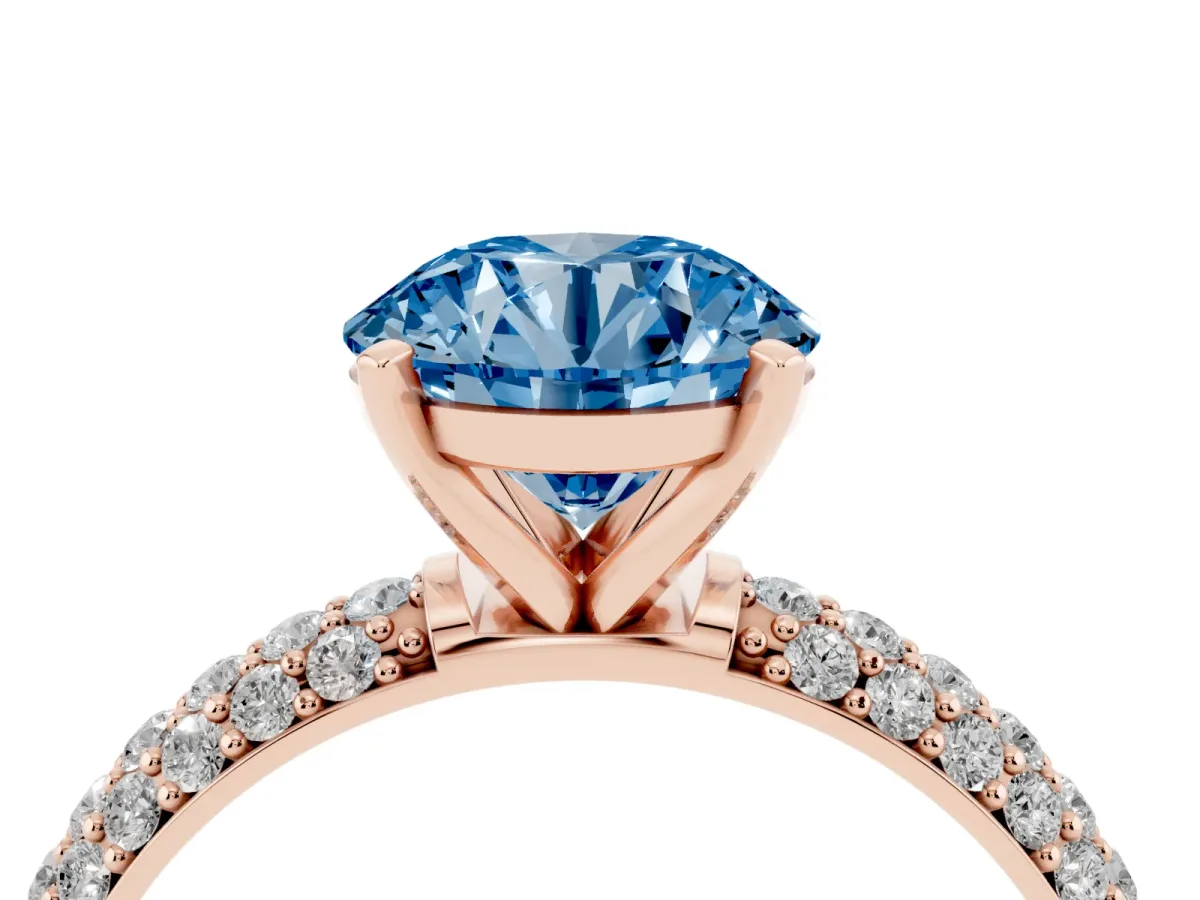 Fancy Blue Round Cut Diamond Solitaire Ring with Prong Setting and Pavé Band Rose gold