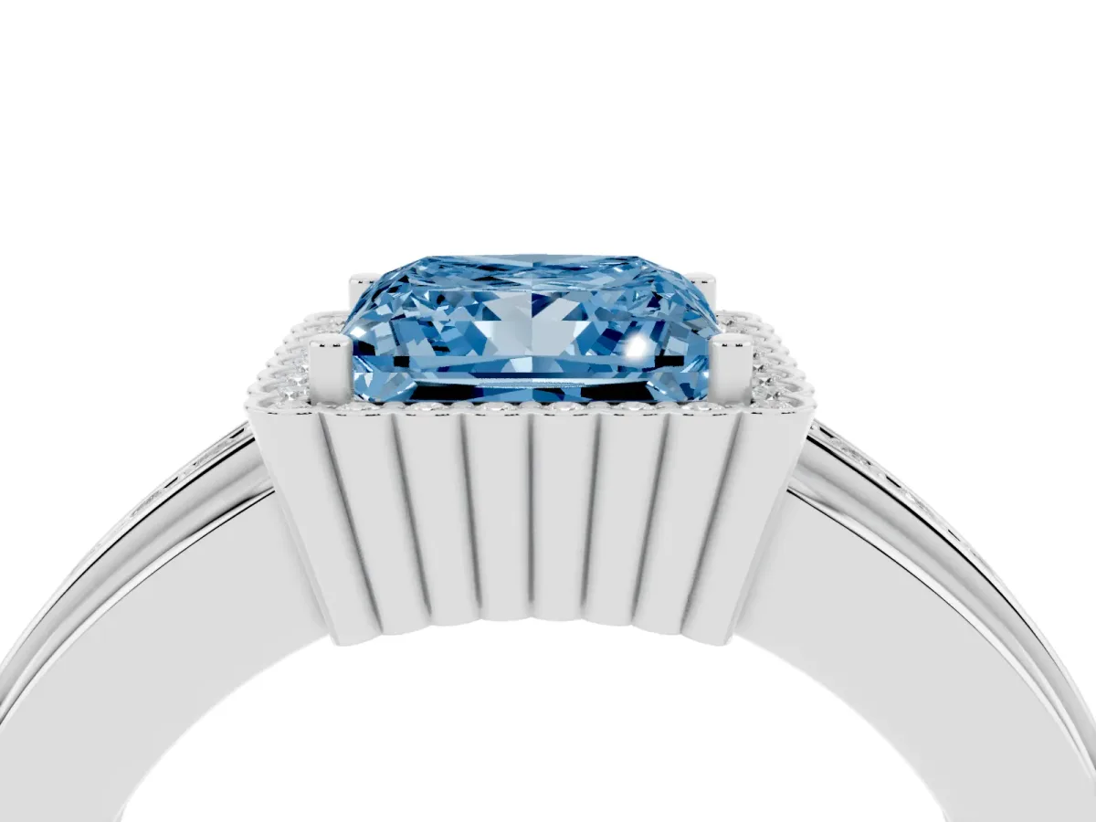 Fancy Blue Princess Cut Cut Halo Pave Band Four-Prong Ring White gold