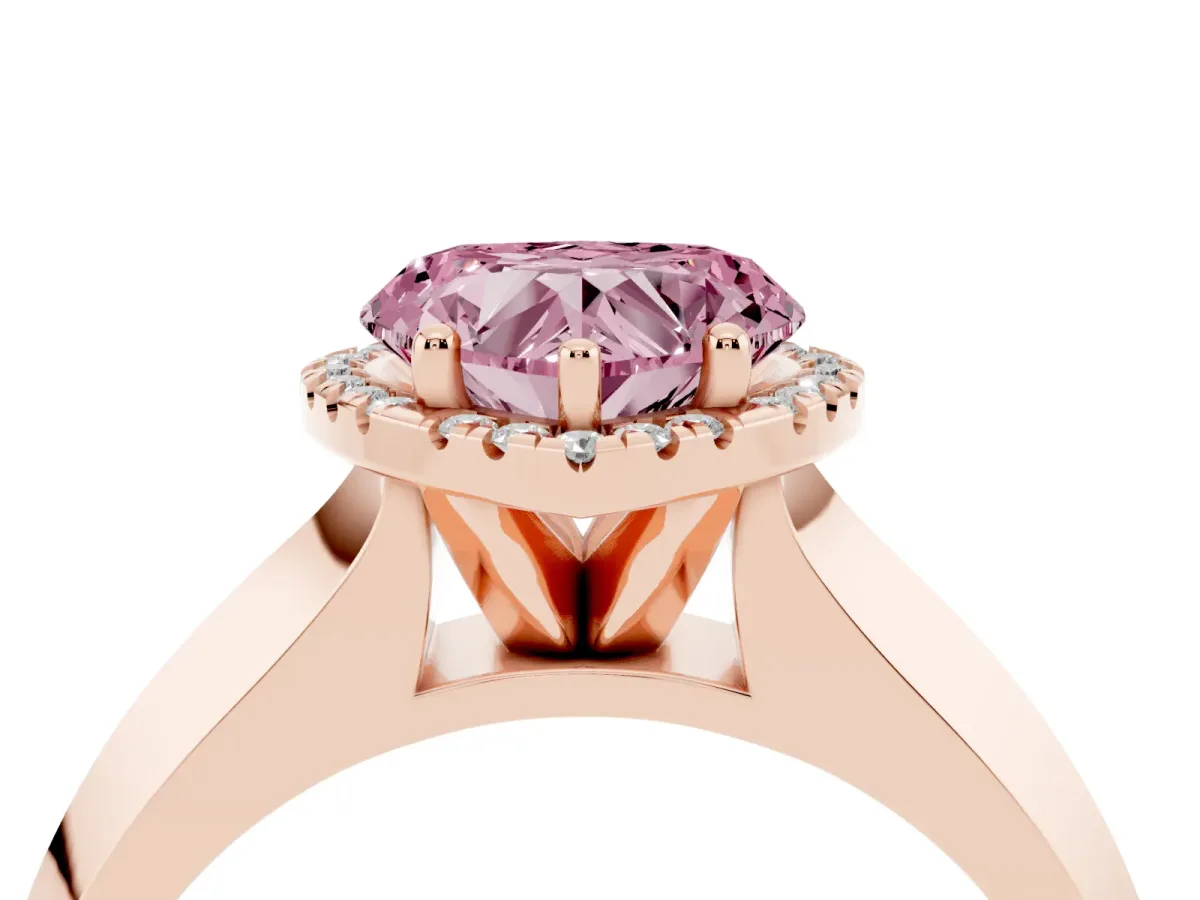 Fancy Pink Heart Cut Halo Diamond Ring with Cathedral Band and Four-Prong Setting Rose gold