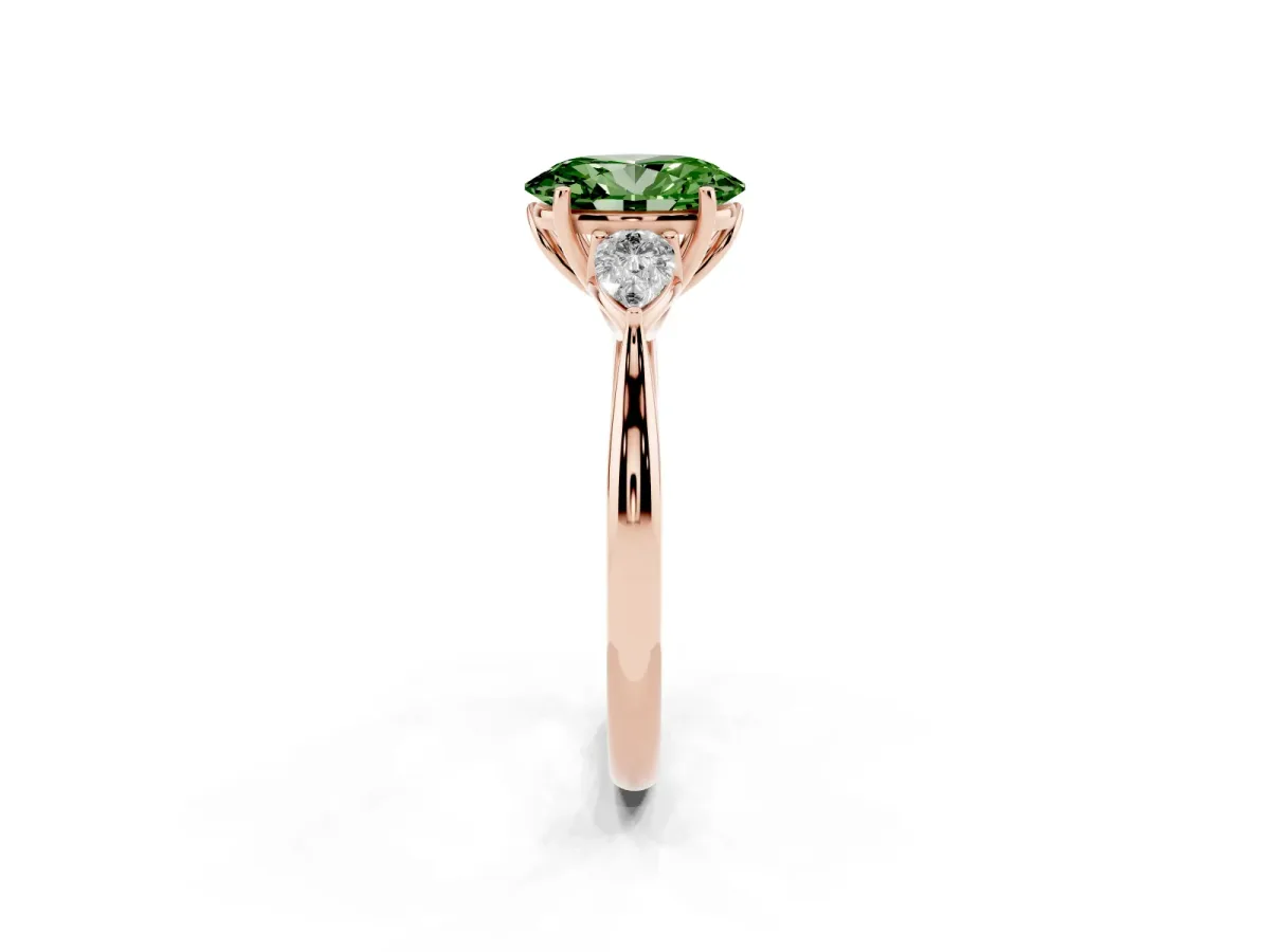 Fancy Green Three-Stone Oval Cut Brilliant Diamond Solitaire Ring with Tapered Band and Four-Prong Setting Rose gold