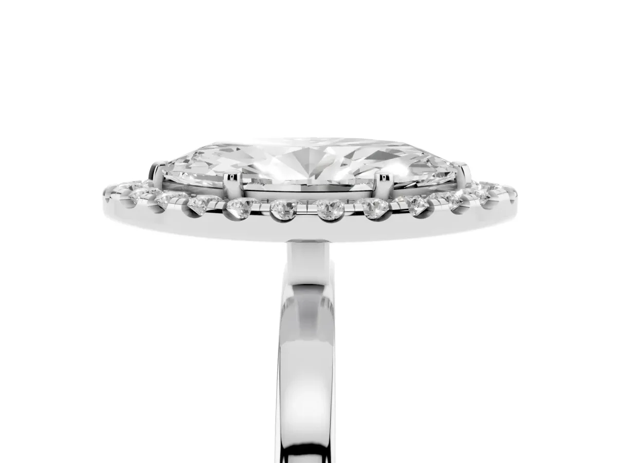 Marquise Cut Halo Diamond Solitaire with Pavé Band and Four-Prong Setting White gold