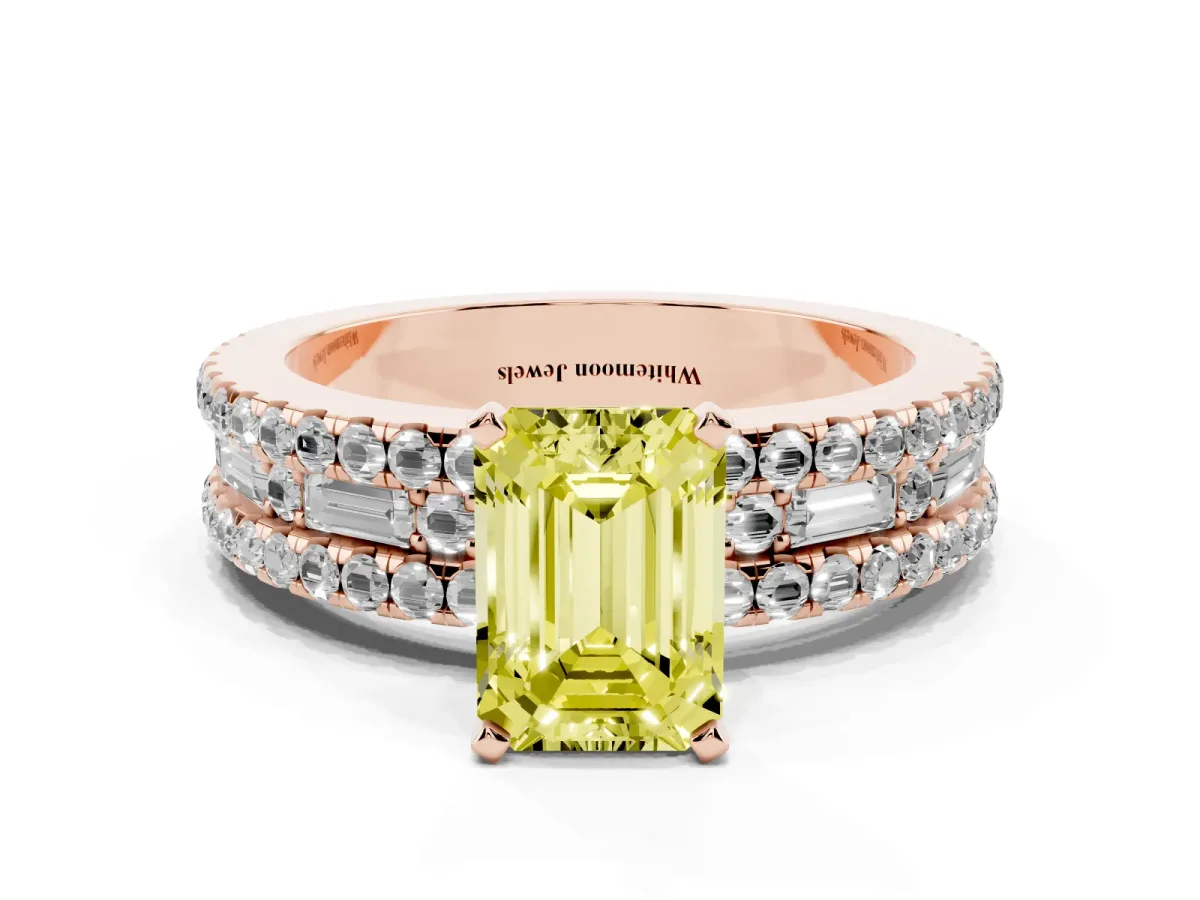 Fancy Yellow Emerald Cut Diamond Solitaire Ring with Pavé and Channel Set Band Rose gold