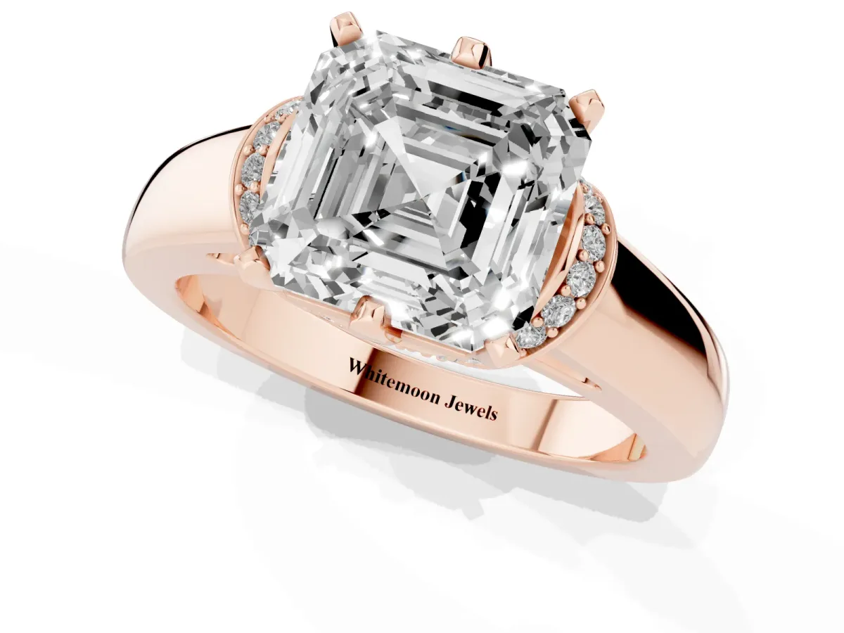 Asscher Cut Solitaire Diamond Ring with Pave Band and Six-Prong Setting Rose gold