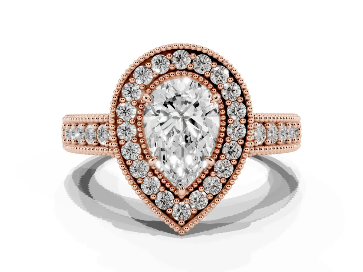 Pear Cut Cut Halo Diamond Ring with Pavé Band and Four-Prong Setting Rose gold