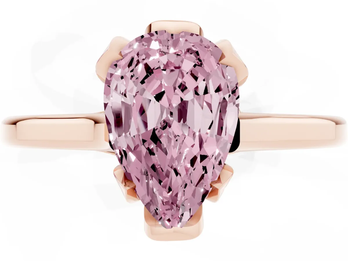 Fancy Pink Pear Cut Diamond Solitaire Ring with Flower Prong Setting and Classic Band Rose gold