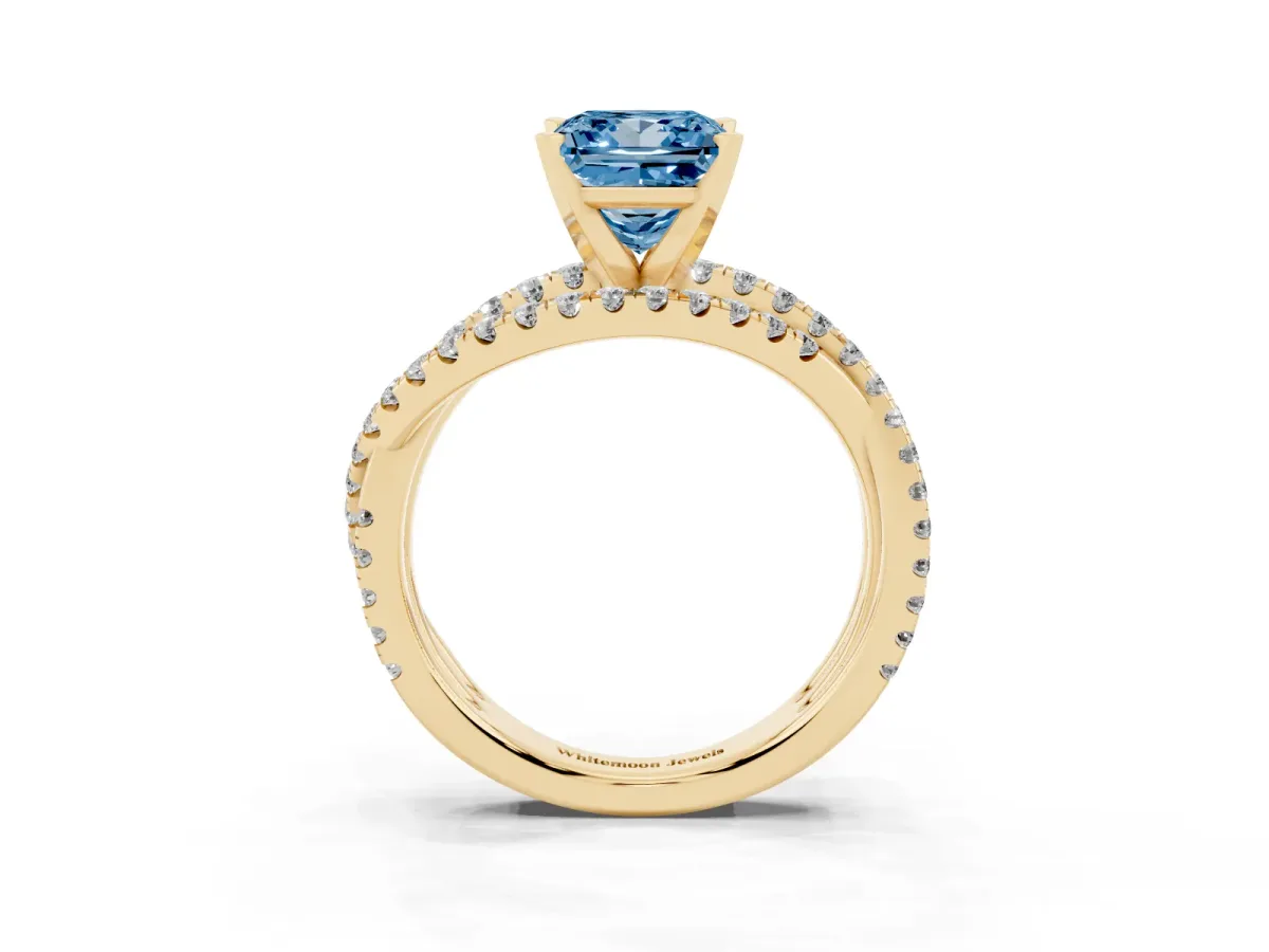 Fancy Blue Princess Cut Solitaire Twist Band with Pavé Setting and Four-Prong Setting Yellow gold
