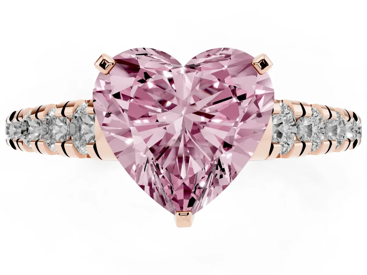 Fancy Pink Heart Cut Diamond Cathedral Solitaire Ring with Round Pavé Band Rose gold