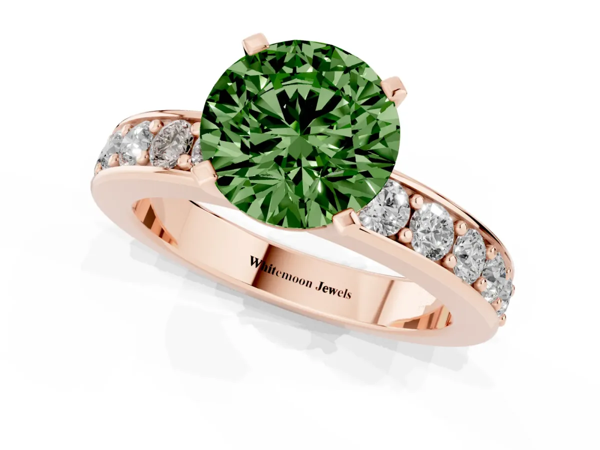 Fancy Green Round Cut Diamond Engagement Ring with Channel Set Round Band and Prong Setting Rose gold