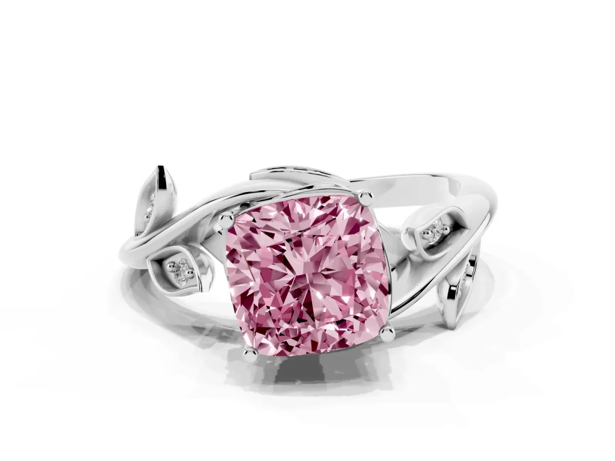 Fancy Pink Cushion Cut Solitaire Twist Engagement Ring with Leaf Accents and Prong Setting Platinum