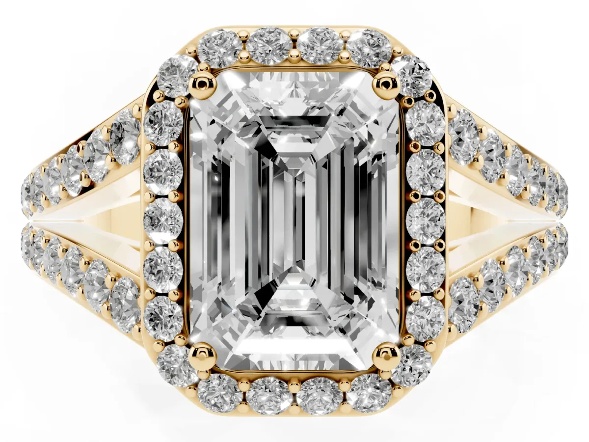 Emerald Cut Diamond Split Shank Halo Ring with Four-Prong Setting Yellow gold