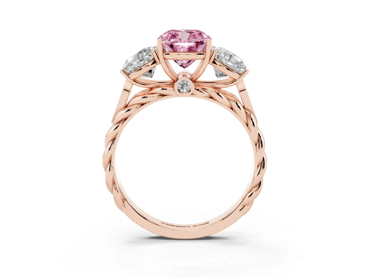 Fancy Pink Three-Stone Cushion Cut Diamond Braided Band Ring with Four-Prong Setting Rose gold