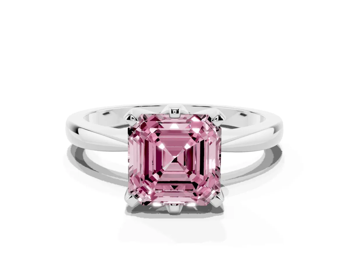 Fancy Pink Asscher Cut Solitaire Engagement Ring with Six-Prong Setting and Tapered Band White gold