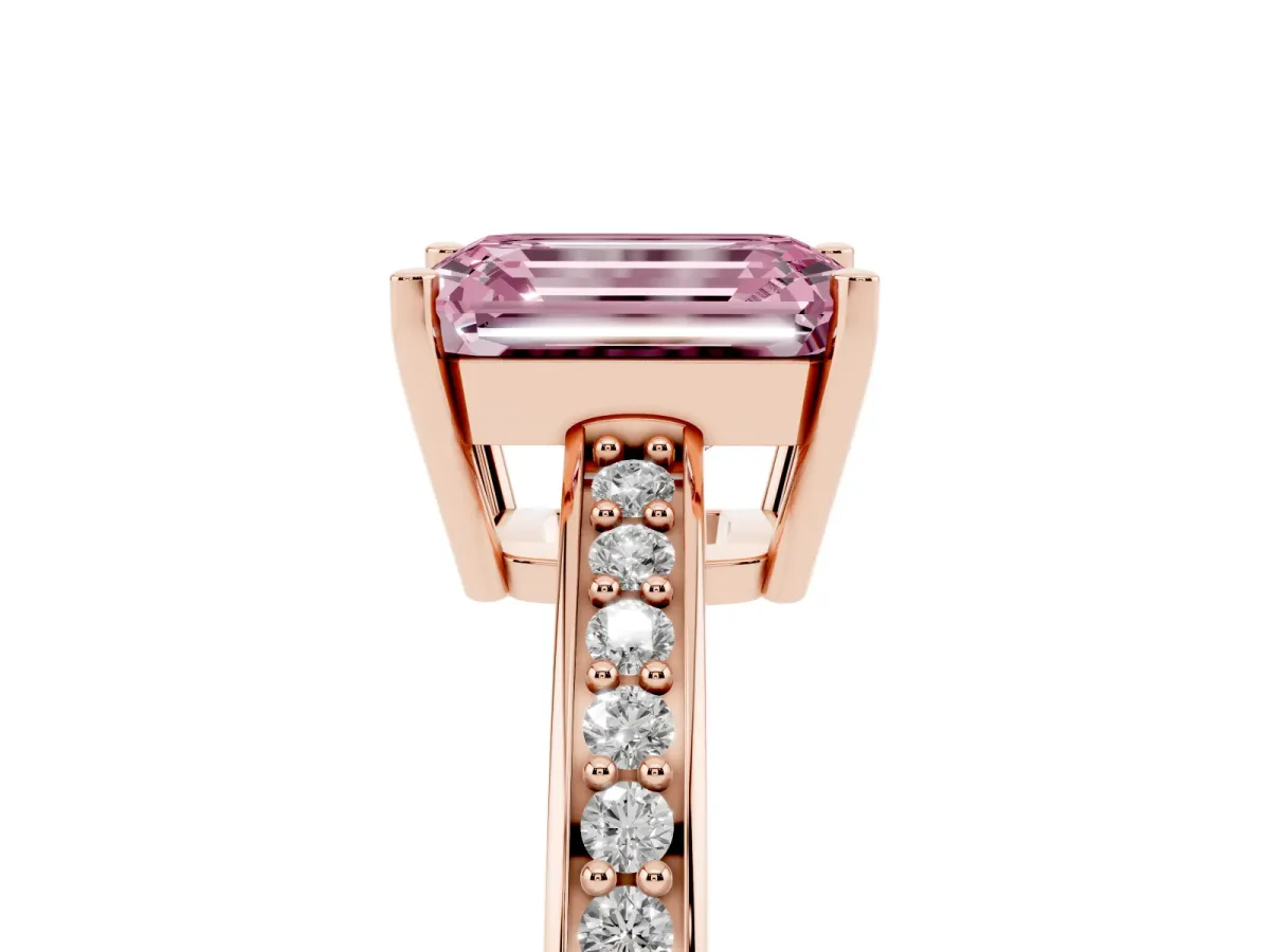 Fancy Pink Emerald Cut Solitaire Pavé Band Prong Setting Ring Rose gold