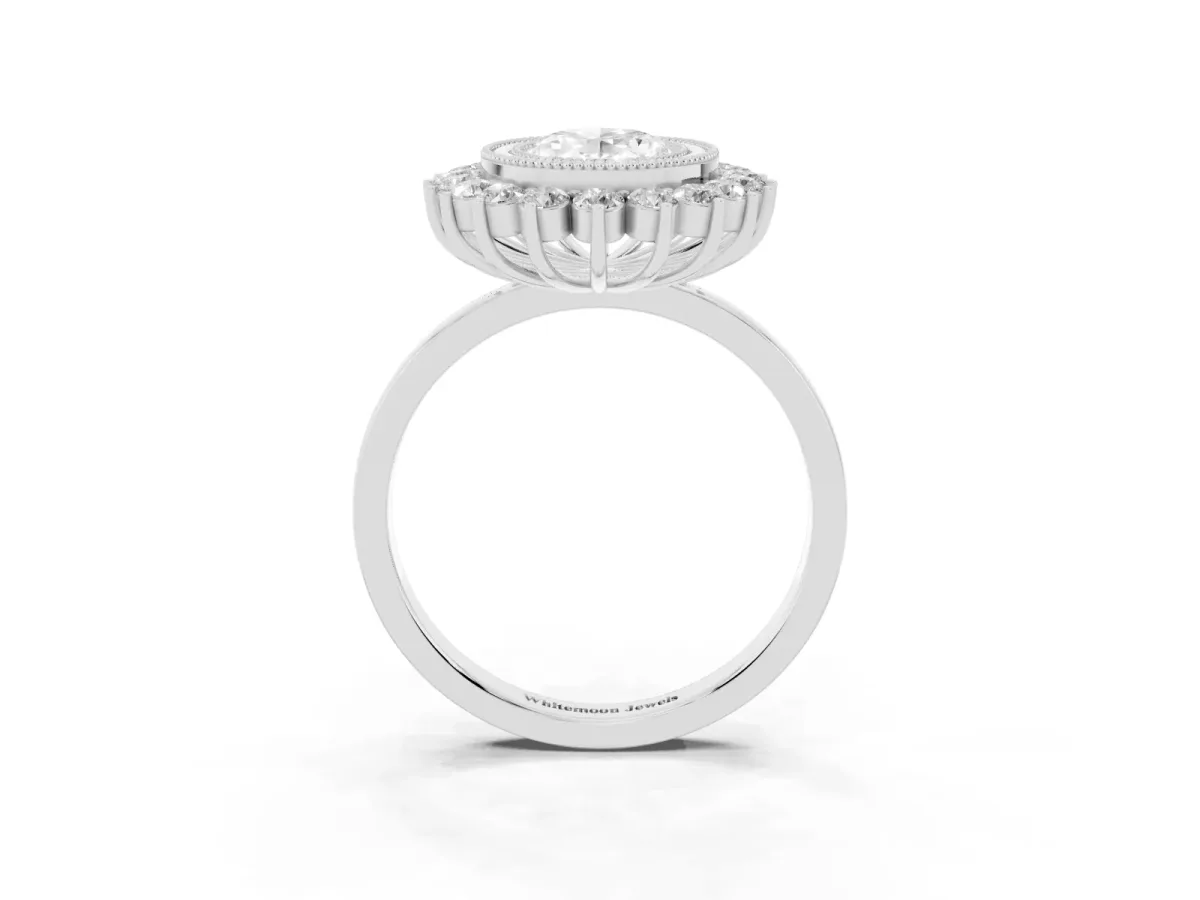 Oval Cut Halo Diamond Ring with Milgrain Edge and Round Prong Setting Silver
