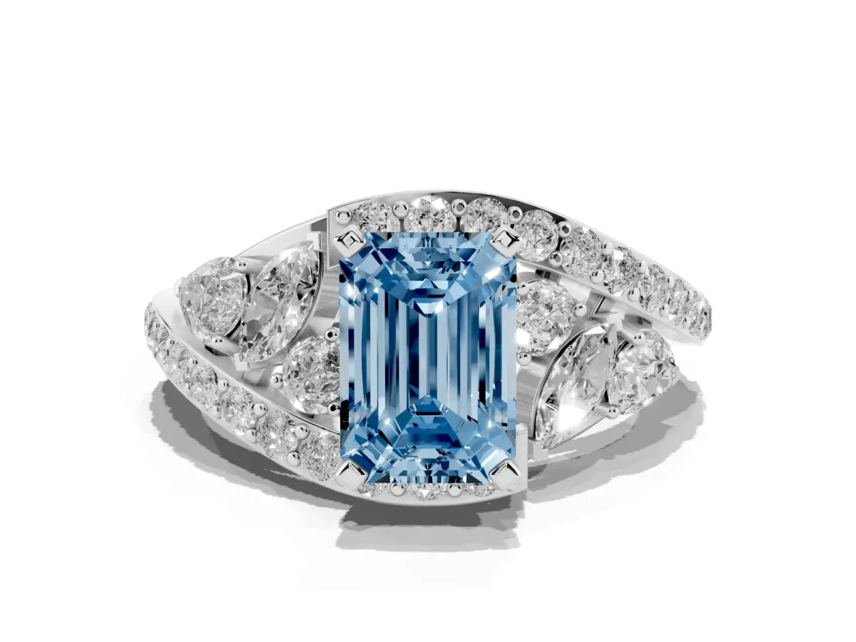 Fancy Blue Emerald Cut Diamond Halo Ring with Marquise and Pavé Band in Prong Setting White gold