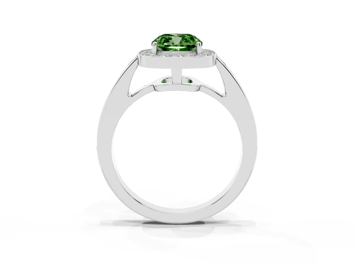 Fancy Green Cushion Cut Halo Pavé Diamond Engagement Ring with Bezel Setting Silver