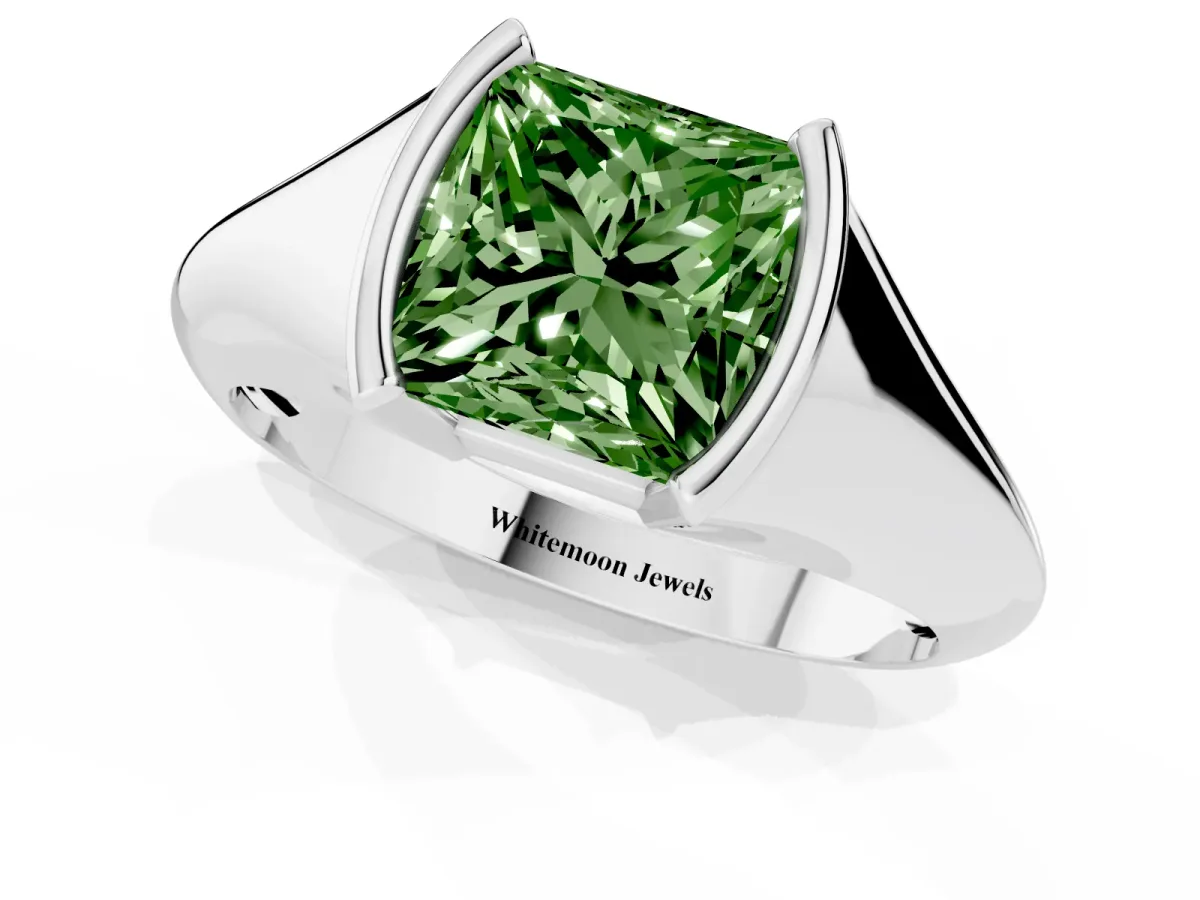 Fancy Green Princess Cut Solitaire Tension Set Diamond Ring Silver