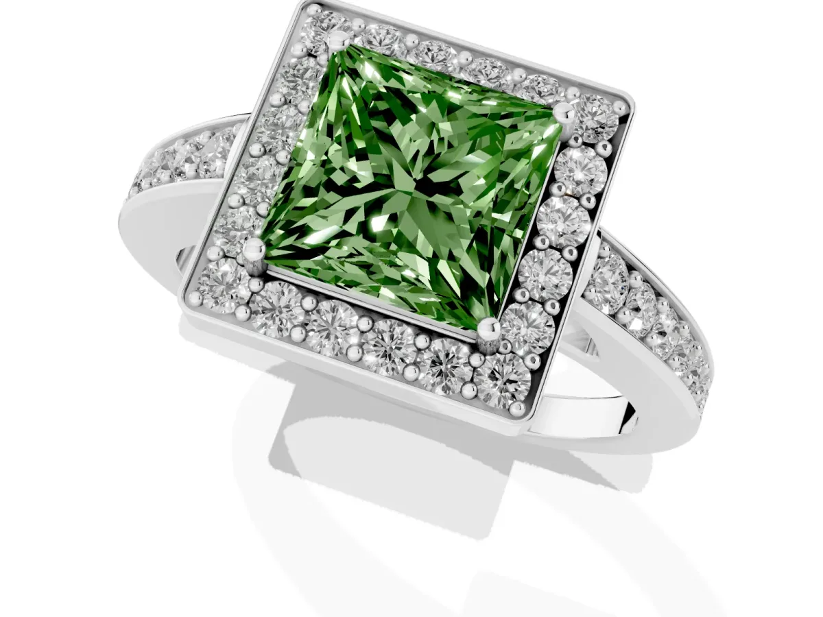 Fancy Green Princess Cut Halo Pavé Diamond Engagement Ring with Bezel Setting Silver