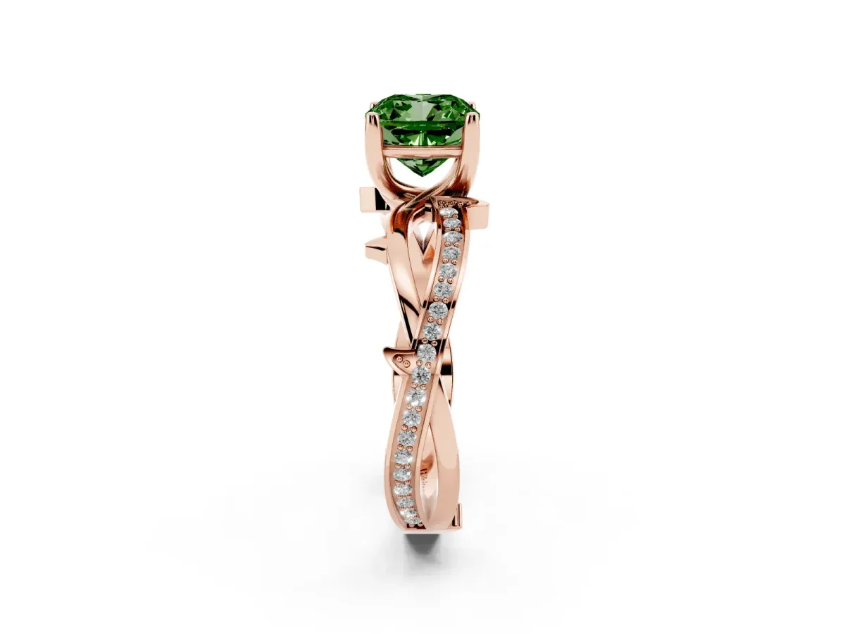 Fancy Green Cushion Cut Solitaire Twist Band with Pavé Accents and Four-Prong Setting Rose gold