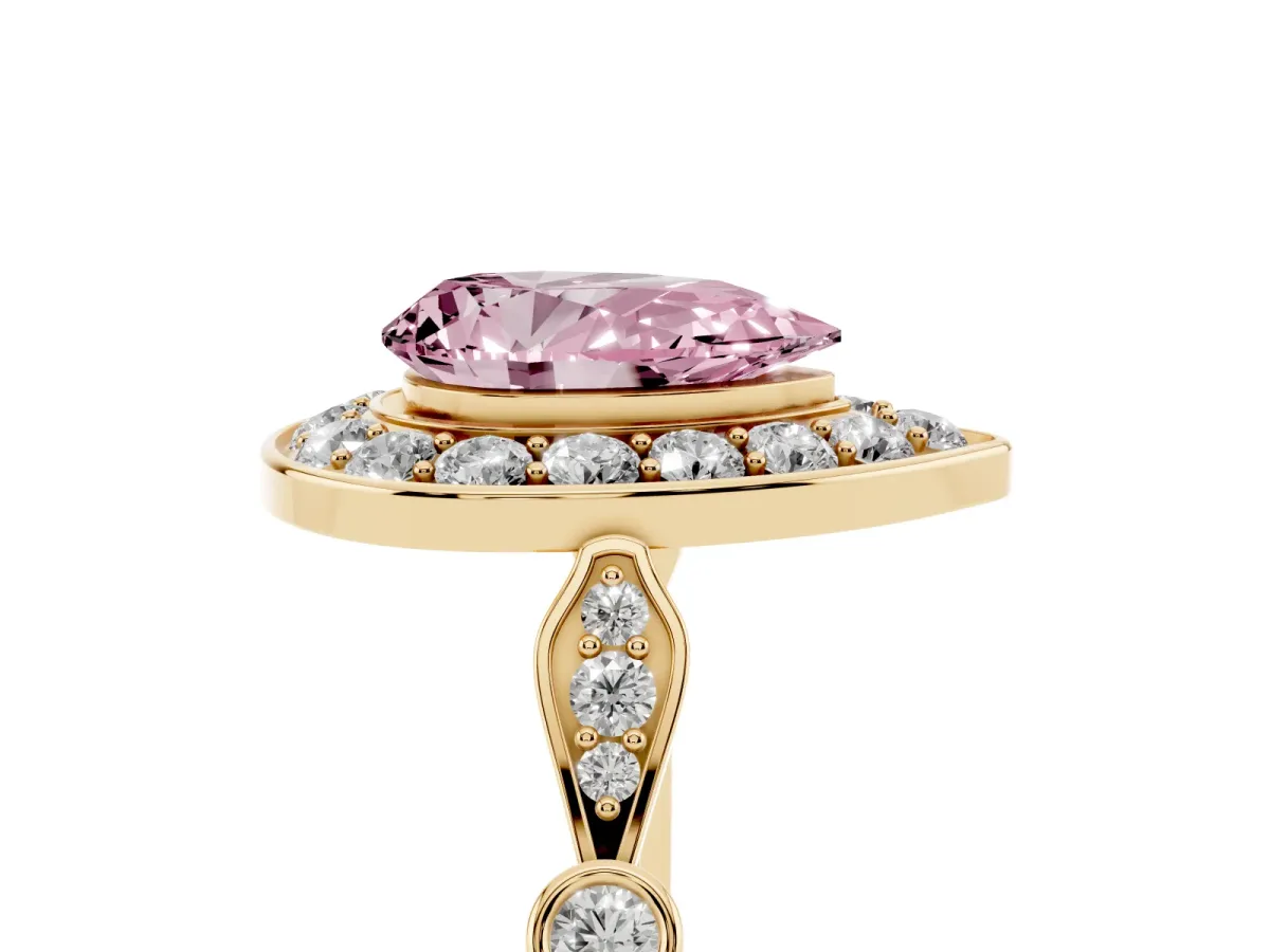 Fancy Pink Pear Cut Halo Diamond Engagement Ring with Twisted Band and Four-Prong Setting Yellow gold