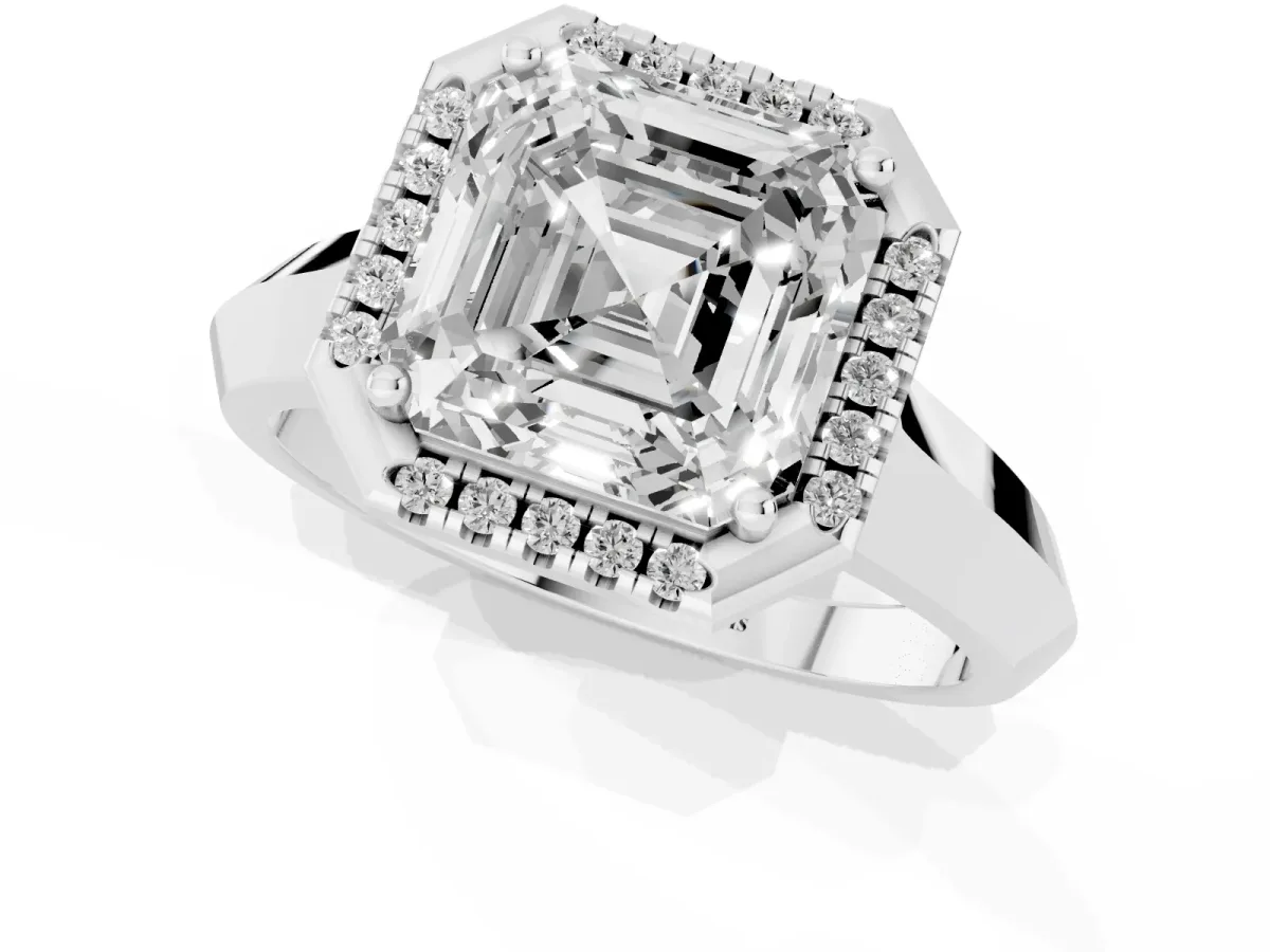 Asscher Cut Halo Diamond Ring with Cathedral Band and Four-Prong Setting Silver