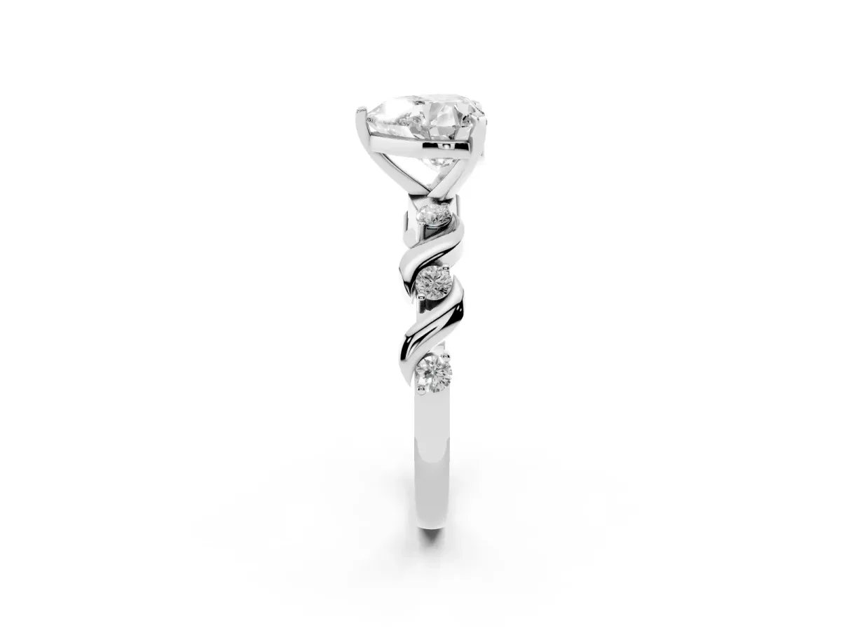 Heart Cut Diamond Solitaire Twisted Band with Round Accents and Prong Setting Silver