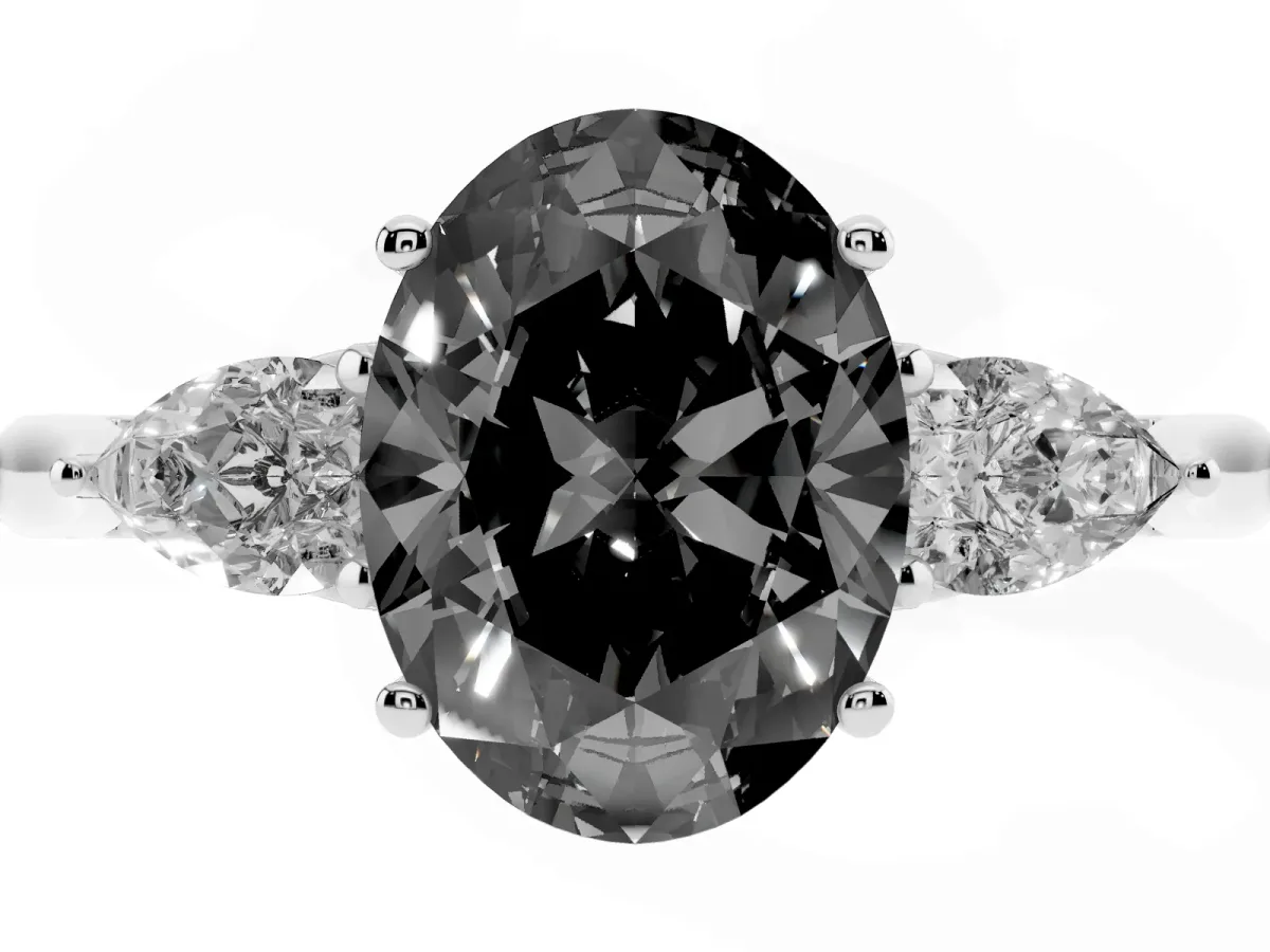 Fancy Black Oval Cut Diamond Three-Stone Ring with Pear Side Stones and Prong Setting Platinum