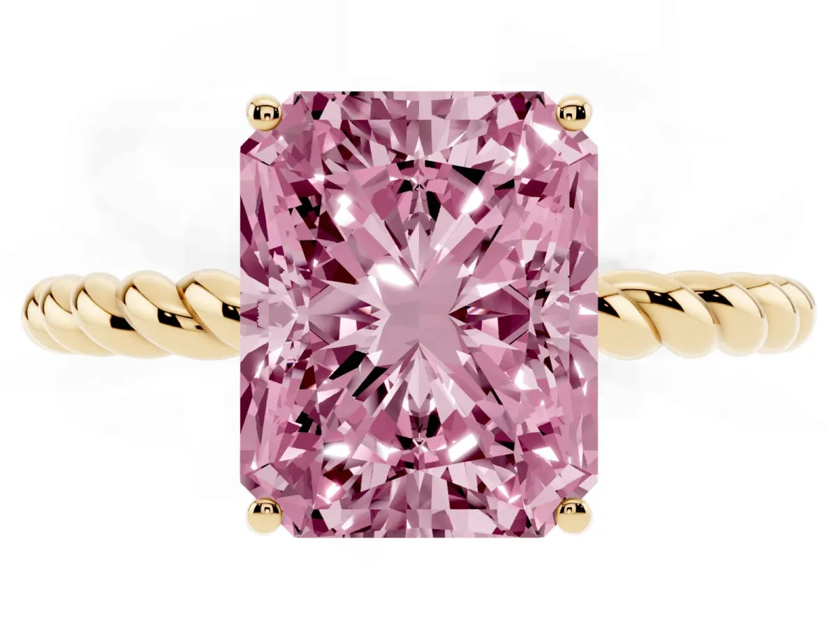 Fancy Pink Radiant Cut Solitaire Twist Band Ring with Four-Prong Setting Yellow gold