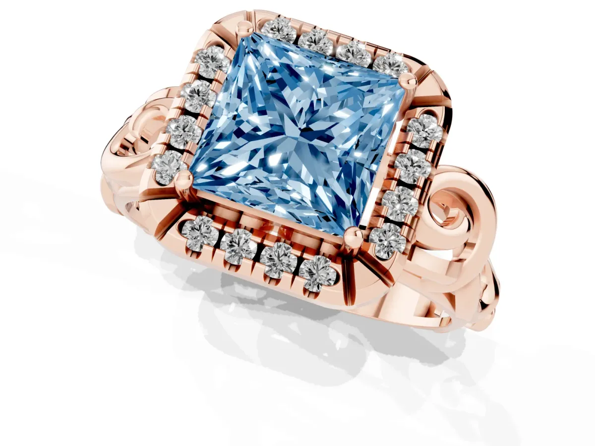 Fancy Blue Princess Cut Cut Halo Diamond Ring with Scrollwork Band and Four-Prong Setting Rose gold