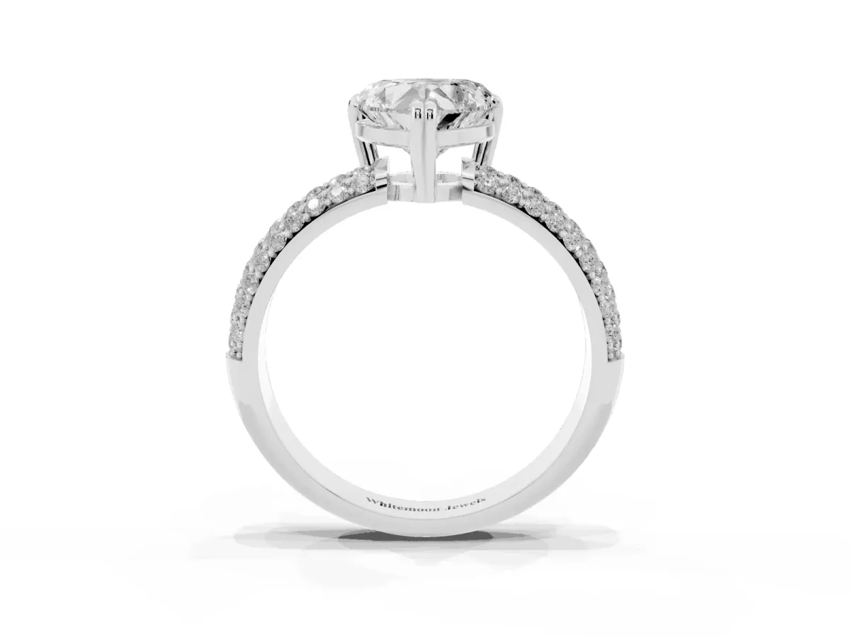 Heart Cut Diamond Solitaire Ring with Multi-Row Round Pavé Band and Prong Setting Silver